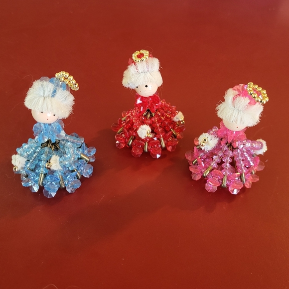 Vintage 3 Beaded Safety Pin Christmas Ornaments Safety Pin Dolls Holiday Angels - Picture 1 of 14